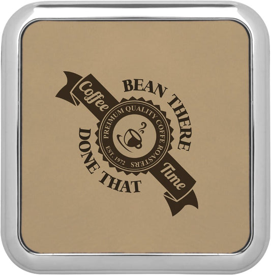 3 5/8" x 3 5/8" Square Light Brown Laserable Leatherette Coaster w/Silver Edge (Sold by Case of 4)