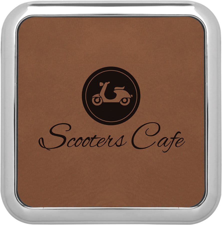 3 5/8" x 3 5/8" Square Dark Brown Laserable Leatherette Coaster w/Silver Edge (Sold by Case of 4)