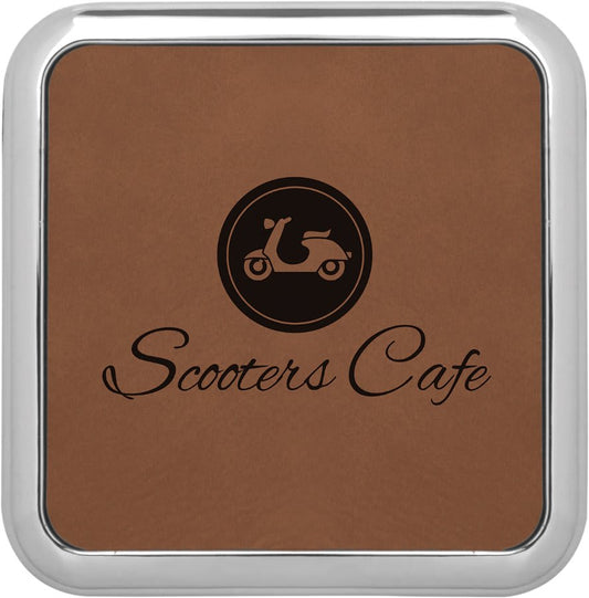 3 5/8" x 3 5/8" Square Dark Brown Laserable Leatherette Coaster w/Silver Edge (Sold by Case of 4)