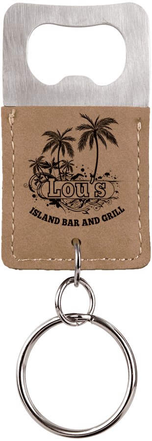 Rectangle Light Brown Laserable Leatherette Bottle Opener Keychain (Sold by Case of 25)