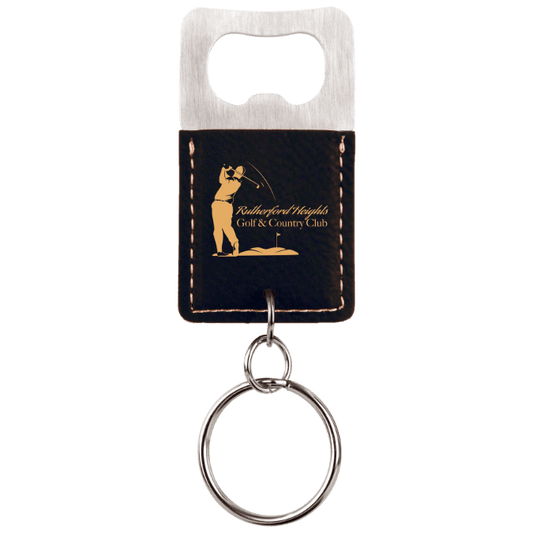 Rectangle Black/Gold Laserable Leatherette Bottle Opener Keychain (Sold by Case of 25)