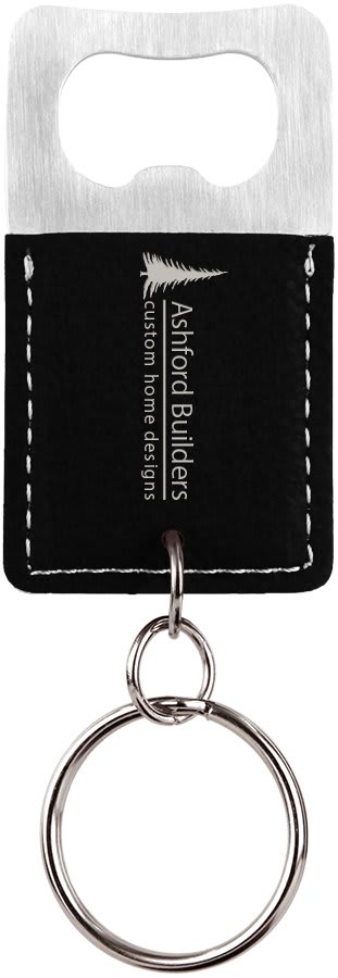 Rectangle Black/Silver Laserable Leatherette Bottle Opener Keychain (Sold by Case of 25)