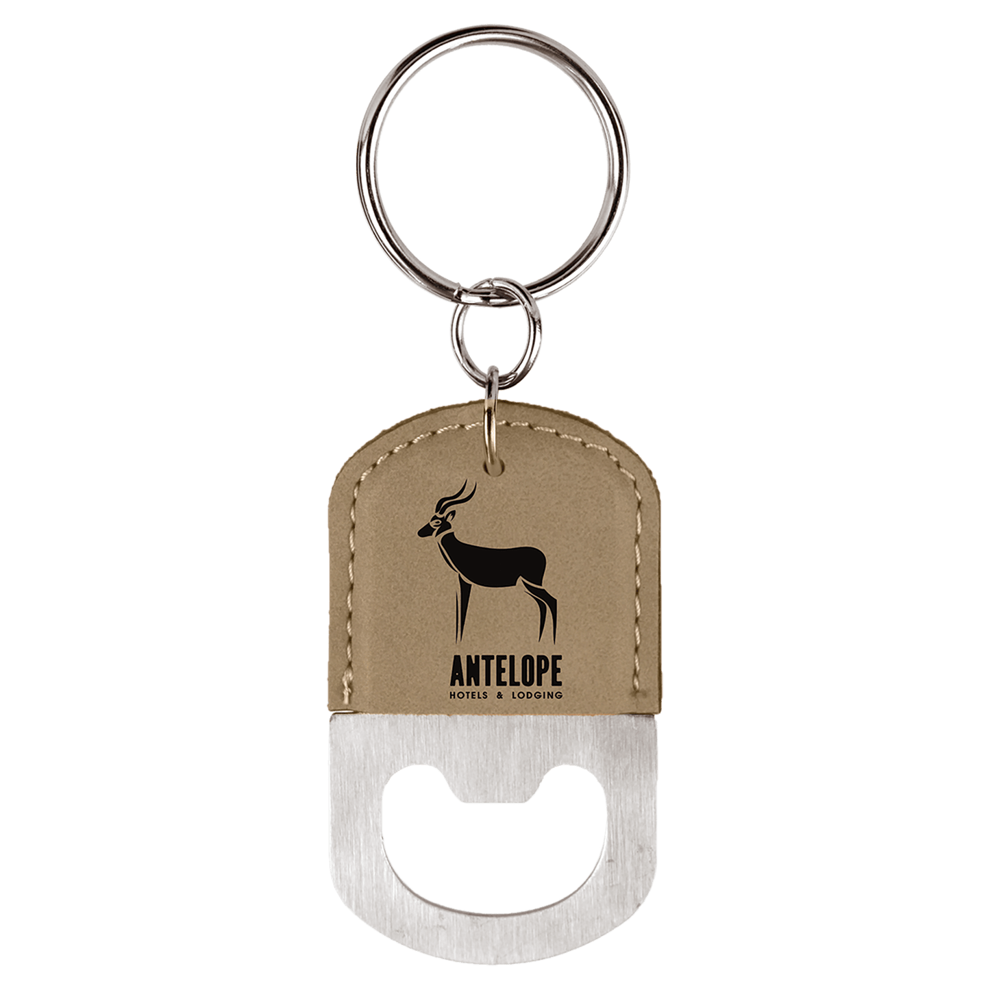 Oval Light Brown Laserable Leatherette Bottle Opener Keychain (Sold by Case of 25)