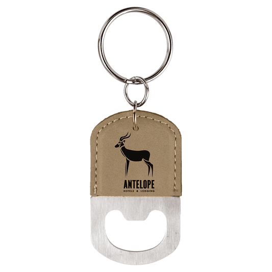 Oval Light Brown Laserable Leatherette Bottle Opener Keychain (Sold by Case of 25)