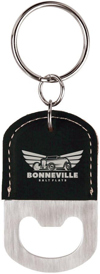 Oval Black/Silver Laserable Leatherette Bottle Opener Keychain (Sold by Case of 25)