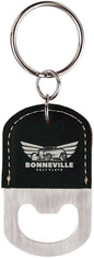 Oval Black/Silver Laserable Leatherette Bottle Opener Keychain (Sold by Case of 25)