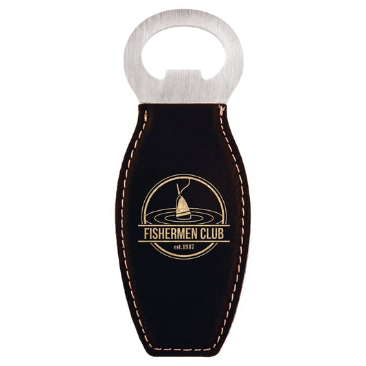 Black/Gold Laserable Leatherette Bottle Opener with Magnet (Sold by Case of 10)