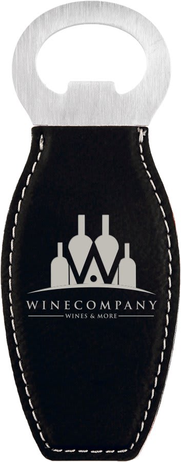 Black/Silver Laserable Leatherette Bottle Opener with Magnet (Sold by Case of 10)