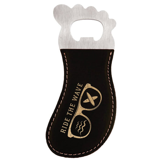 Black/Gold Laserable Leatherette Foot Shaped Bottle Opener with Magnet (Sold by Case of 10)