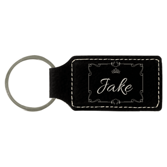 2 3/4" x 1 1/4" Black/Silver Laserable Leatherette Rectangle Keychain (Sold by Case of 50)
