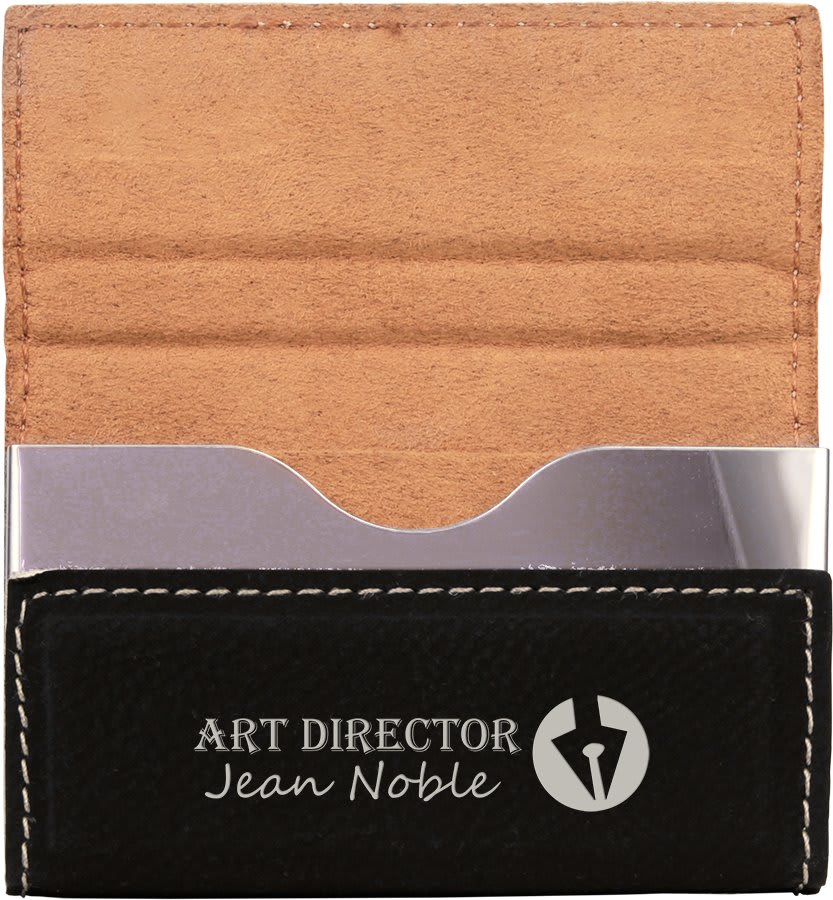 3 3/4" x 2 3/4" Black/Silver Laserable Leatherette Hard Business Card Holder (Sold by Case of 10)