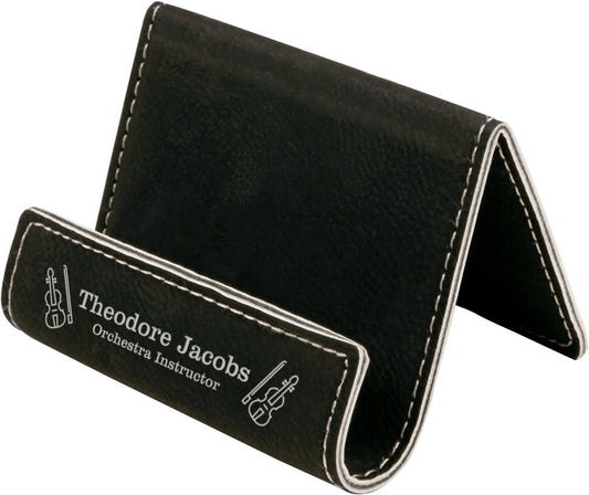 3 1/2" x 2 1/2" Black/Silver Laserable Leatherette Holder Easel (Sold by Case of 6)