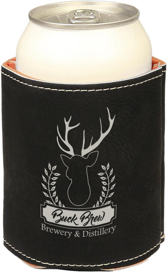3 3/4" Black/Silver Laserable Leatherette Beverage Holder (Sold by Case of 25)