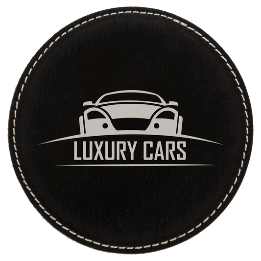 4" Round Black/Silver Laserable Leatherette Coaster (Sold by Case of 6)