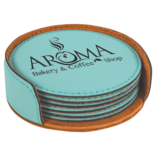 4" Teal Round Laserable Leatherette 6-Coaster Set (Sold by Case of 4)