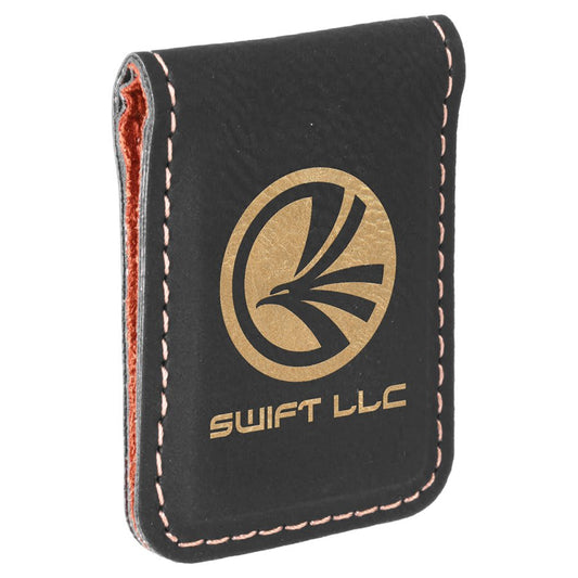 1 3/4" x 2 1/2" Black/Gold Laserable Leatherette Money Clip (Sold by Case of 10)