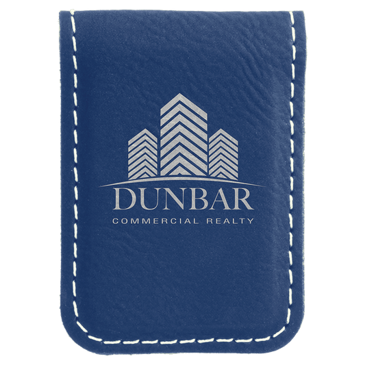 1 3/4" x 2 1/2" Blue/Silver Laserable Leatherette Money Clip (Sold by Case of 10)