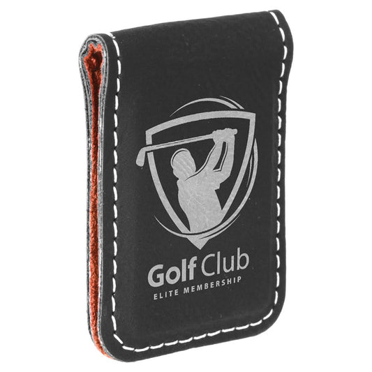 1 3/4" x 2 1/2" Black/Silver Laserable Leatherette Money Clip (Sold by Case of 10)