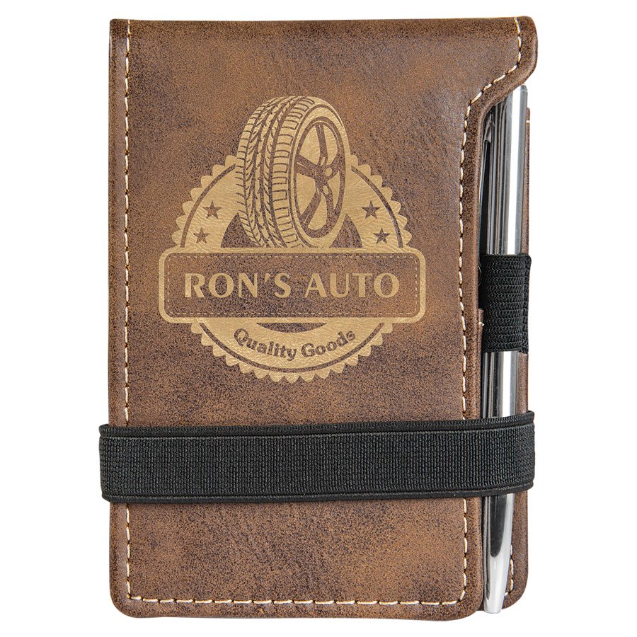 3 1/4" x 4 3/4" Rustic/Gold Laserable Leatherette Mini Notepad with Pen (Sold by Case of 10)