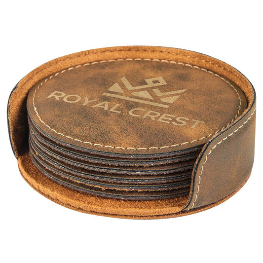 4" Rustic/Gold Round Laserable Leatherette 6-Coaster Set (Sold by Case of 4)