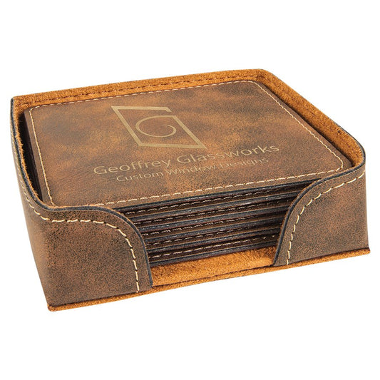 4" x 4" Rustic/Gold Square Laserable Leatherette 6-Coaster Set (Sold by Case of 4)