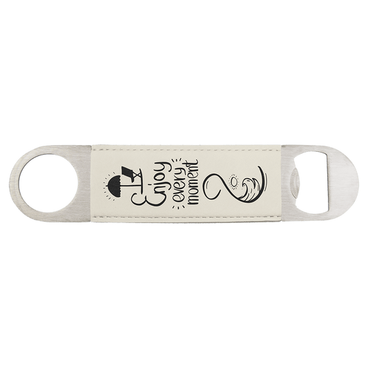 1 1/2" x 7" White/Black Laserable Leatherette Bottle Opener (Sold by Case of 25)