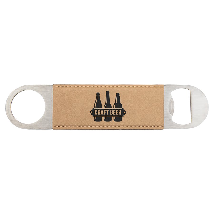 1 1/2" x 7" Light Brown Laserable Leatherette Bottle Opener (Sold by Case of 25)