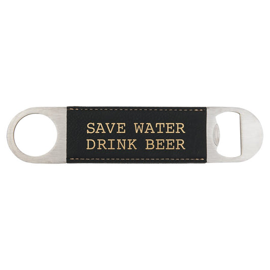 1 1/2" x 7" Black/Gold Laserable Leatherette Bottle Opener (Sold by Case of 25)