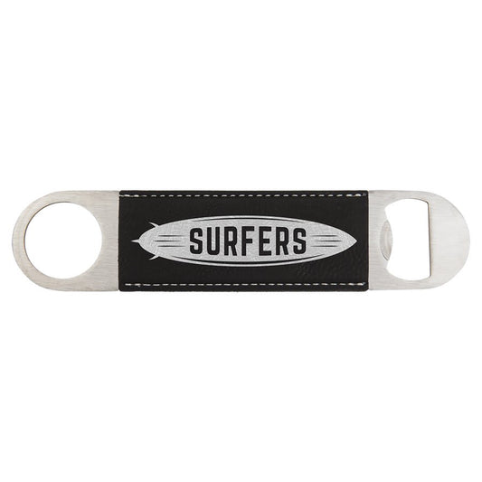 1 1/2" x 7" Black/Silver Laserable Leatherette Bottle Opener (Sold by Case of 25)
