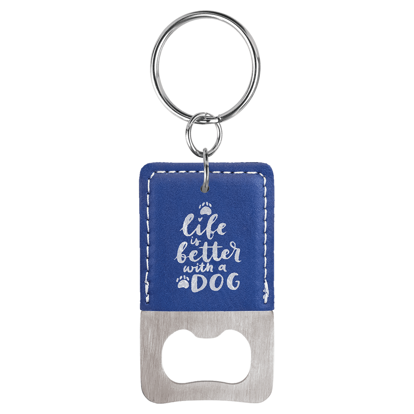 Rectangle Blue/Silver Laserable Leatherette Bottle Opener Keychain (Sold by Case of 25)
