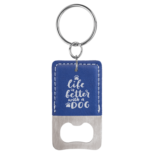 Rectangle Blue/Silver Laserable Leatherette Bottle Opener Keychain (Sold by Case of 25)