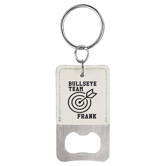 Rectangle White Laserable Leatherette Bottle Opener Keychain (Sold by Case of 25)