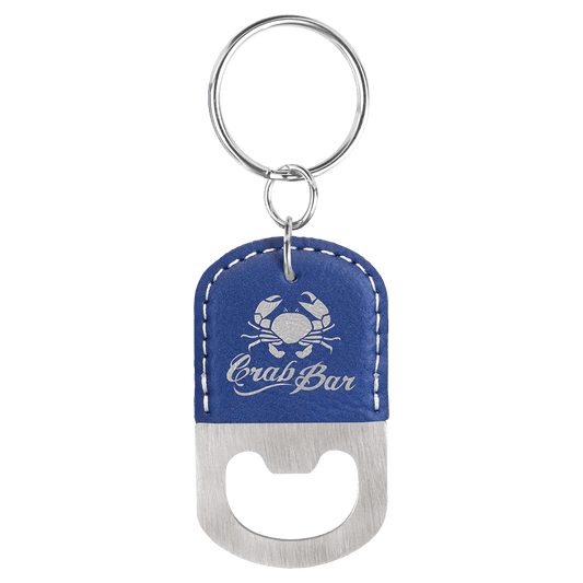 Blue/Silver Laserable Leatherette Oval Bottle Opener Keychain (Sold by Case of 25)