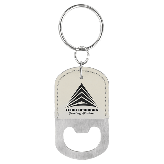 White Laserable Leatherette Oval Bottle Opener Keychain (Sold by Case of 25)