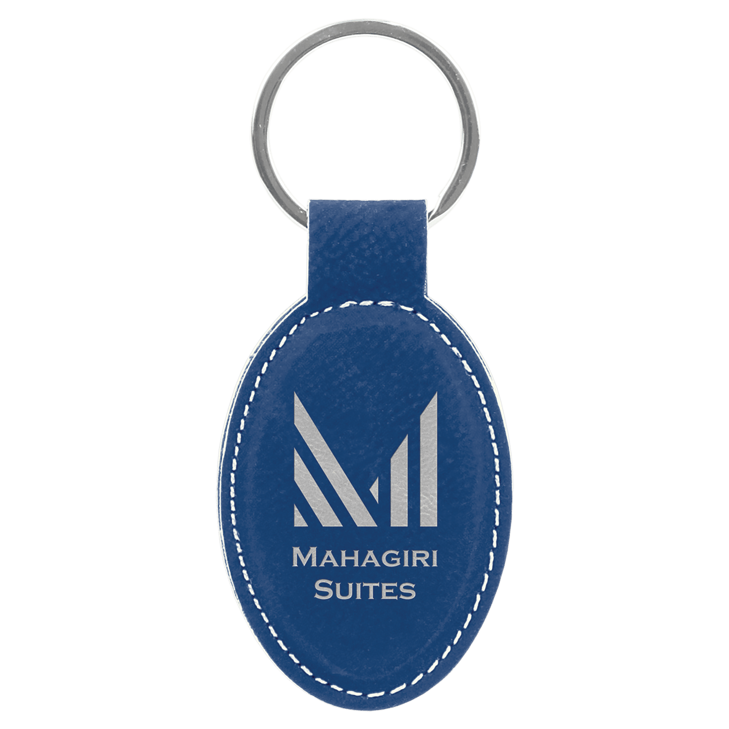 3" x 1 3/4" Blue/Silver Laserable Leatherette Oval Keychain (Sold by Case of 50)