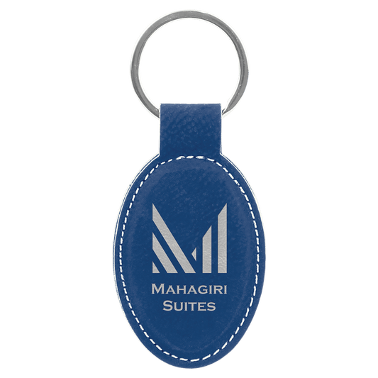 3" x 1 3/4" Blue/Silver Laserable Leatherette Oval Keychain (Sold by Case of 50)