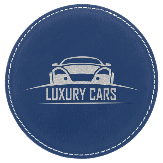 4" Round Blue/Silver Laserable Leatherette Coaster (Sold by Case of 6)