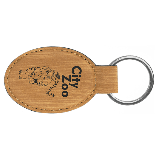 3" x 1 3/4" Bamboo Laserable Leatherette Oval Keychain (Sold by Case of 50)