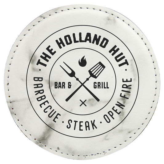 4" Round White Marble Laserable Leatherette Coaster (Sold by Case of 6)
