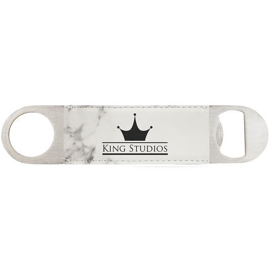1 1/2" x 7" White Marble Laserable Leatherette Bottle Opener (Sold by Case of 25)