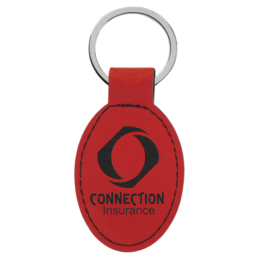 3" x 1 3/4" Red Laserable Leatherette Oval Keychain (Sold by Case of 50)