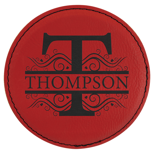 4" Round Red Laserable Leatherette Coaster (Sold by Case of 6)
