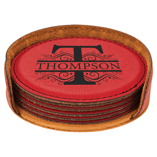 4" Red Laserable Leatherette Round 6-Coaster Set (Sold by Case of 4)