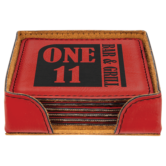 4" x 4" Red Square Laserable Leatherette 6-Coaster Set with Holder (Sold by Case of 4)