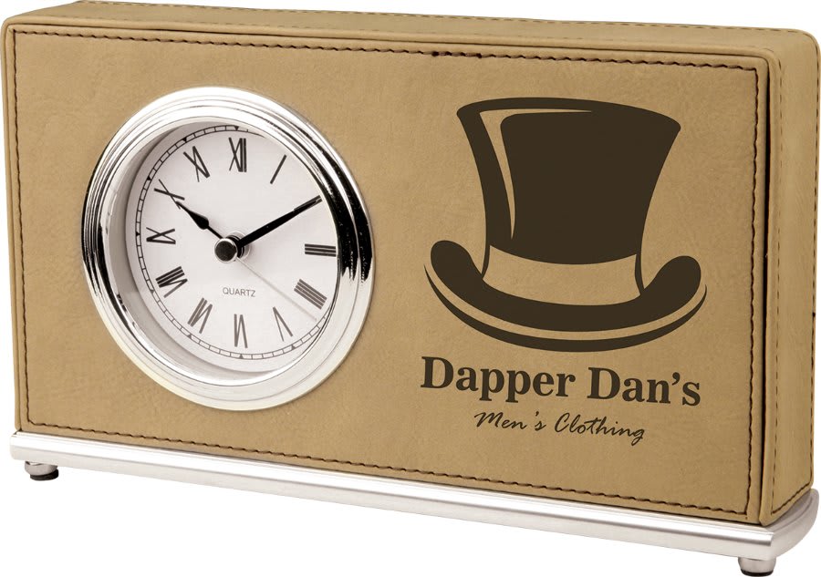 7 1/2" x 4 1/2" Light Brown Laserable Leatherette Horizontal Desk Clock (Sold by Case of 10)