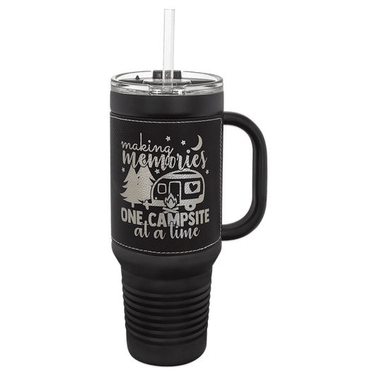 Polar Camel 40 oz. Black with Black/Silver Laserable Leatherette Travel Mug with a Handle, Straw Included (Sold by Case of 12)