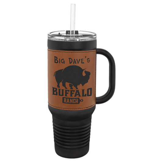 Polar Camel 40 oz. Black with Rawhide Laserable Leatherette Travel Mug with a Handle, Straw Included (Sold by Case of 12)