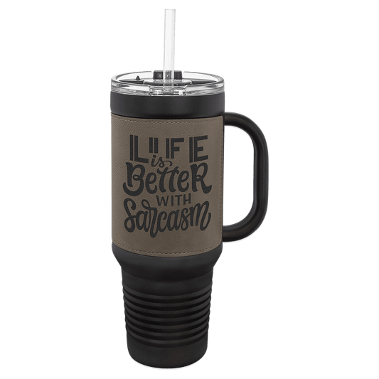Polar Camel 40 oz. Black with Gray Laserable Leatherette Travel Mug with a  Handle, Straw Included (Sold by Case of 12)
