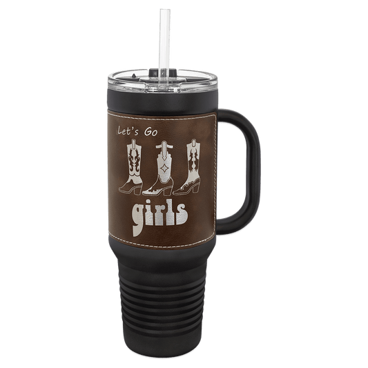 Polar Camel 40 oz. Black with Rustic/Silver Laserable Leatherette Travel Mug with Handle, Straw Included (Sold by Case of 12)