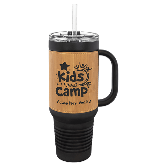 Polar Camel 40 oz. Black with Bamboo Laserable Leatherette Travel Mug with a Handle, Straw Included (Sold by Case of 12)